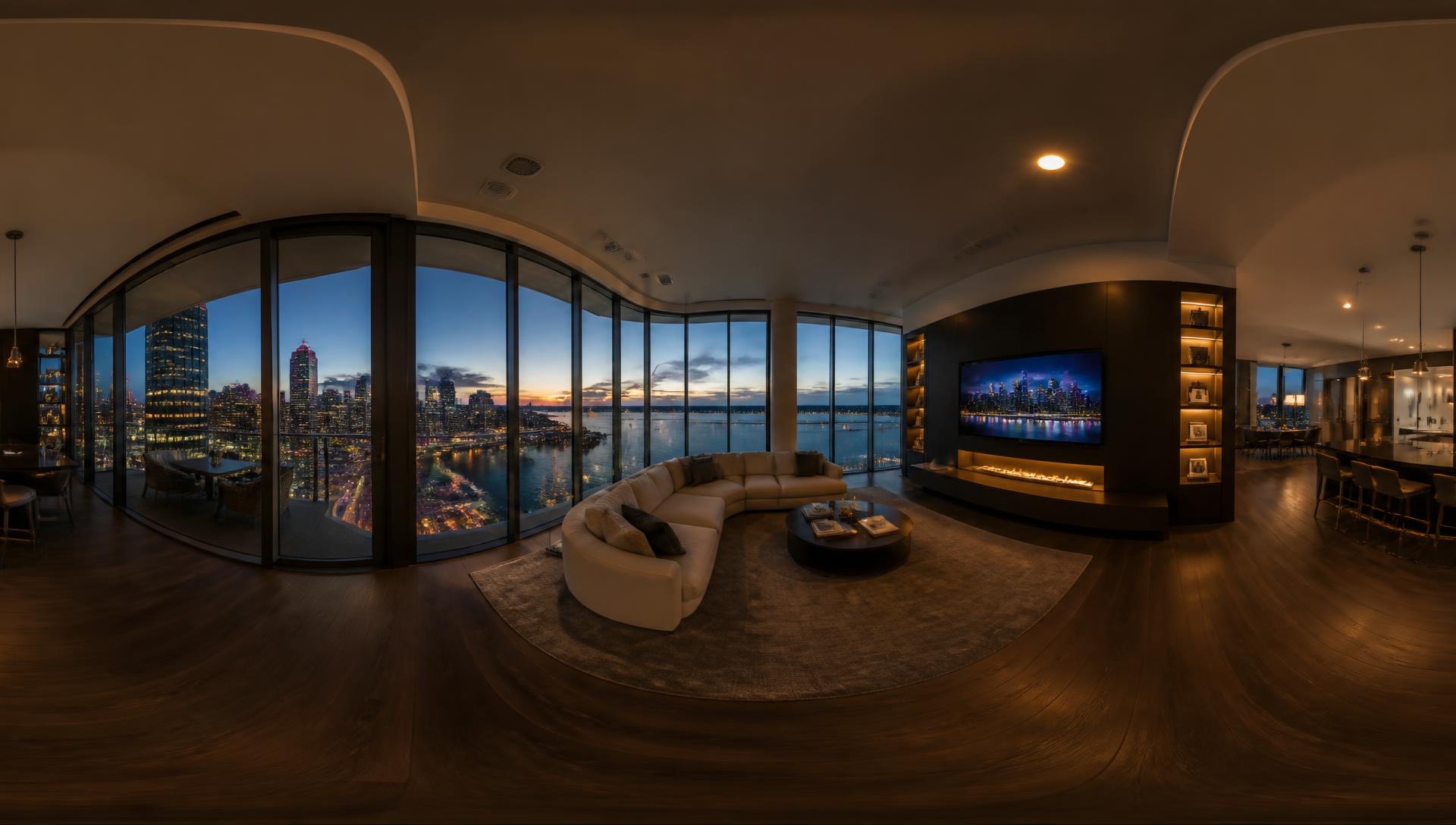 360° panoramic interior of a Tampa Bay waterfront condo at dusk